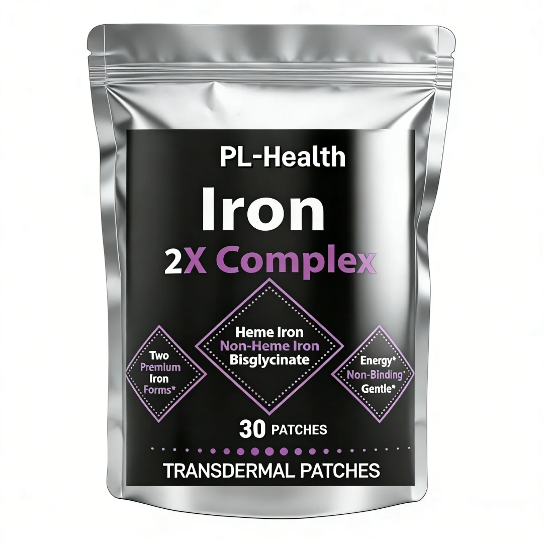 A premium Tidesmit iron supplement patch and capsule set displayed on a clean, modern health and wellness background.