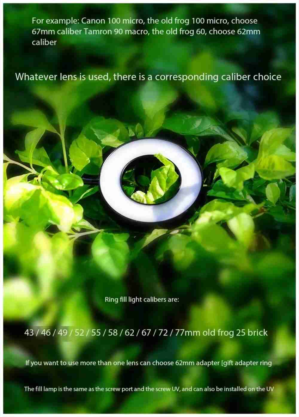Black circular macro ring LED light for camera lenses, available in various adapter sizes for close-up photography.