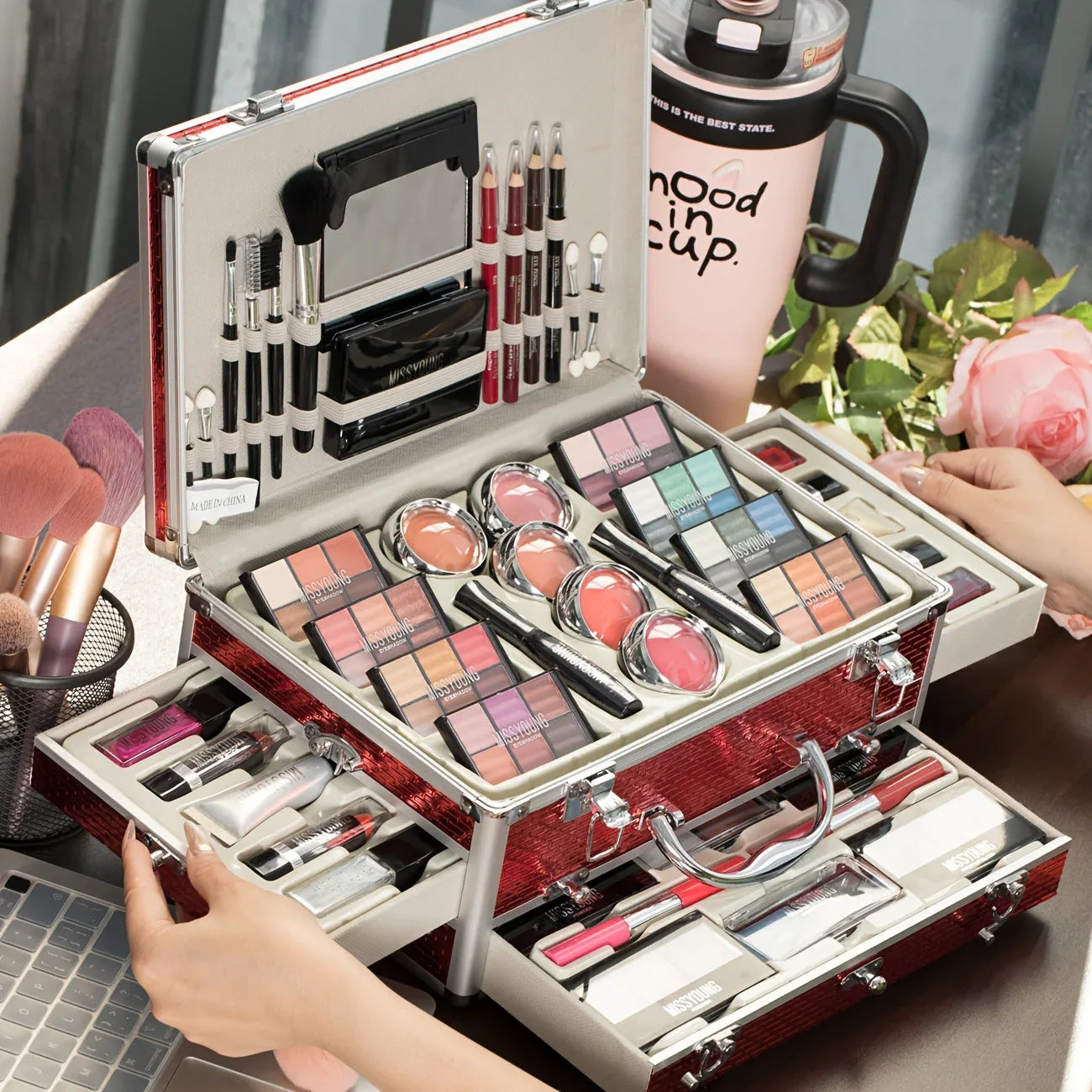 Professional Makeup Kit: Salon-Quality Red Cosmetic Set with Brushes Professional Makeup Kits Red Tidesmit