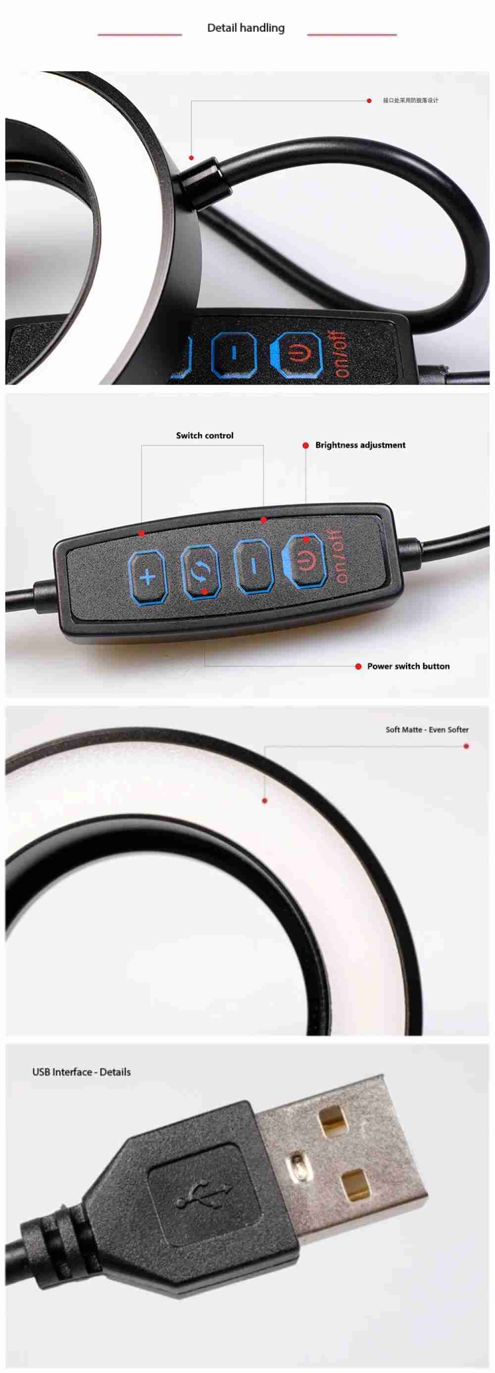 Black LED ring light with a matte diffuser, a four-button control switch, and a USB power connector.