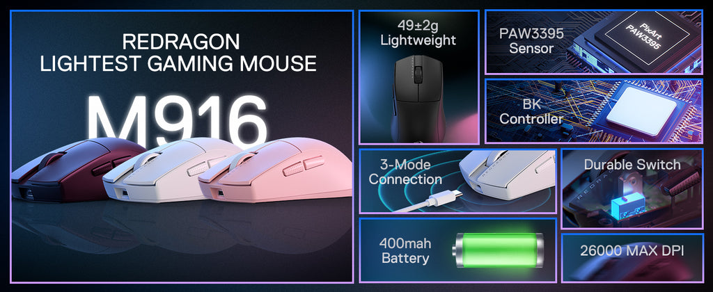 Redragon M916 PRO 3-Mode Wireless Gaming Mouse, 49G Ultra-Light 26K DPI Gamer Mouse