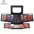 Folding makeup palette with multi-colored eyeshadows, lipsticks, and brushes in a black plastic case with a mirror.