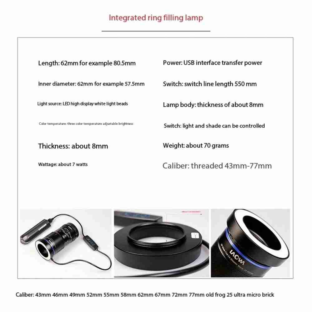 Integrated LED ring light for macro camera lenses. Thin black circular light with USB power cable and dimming controls.