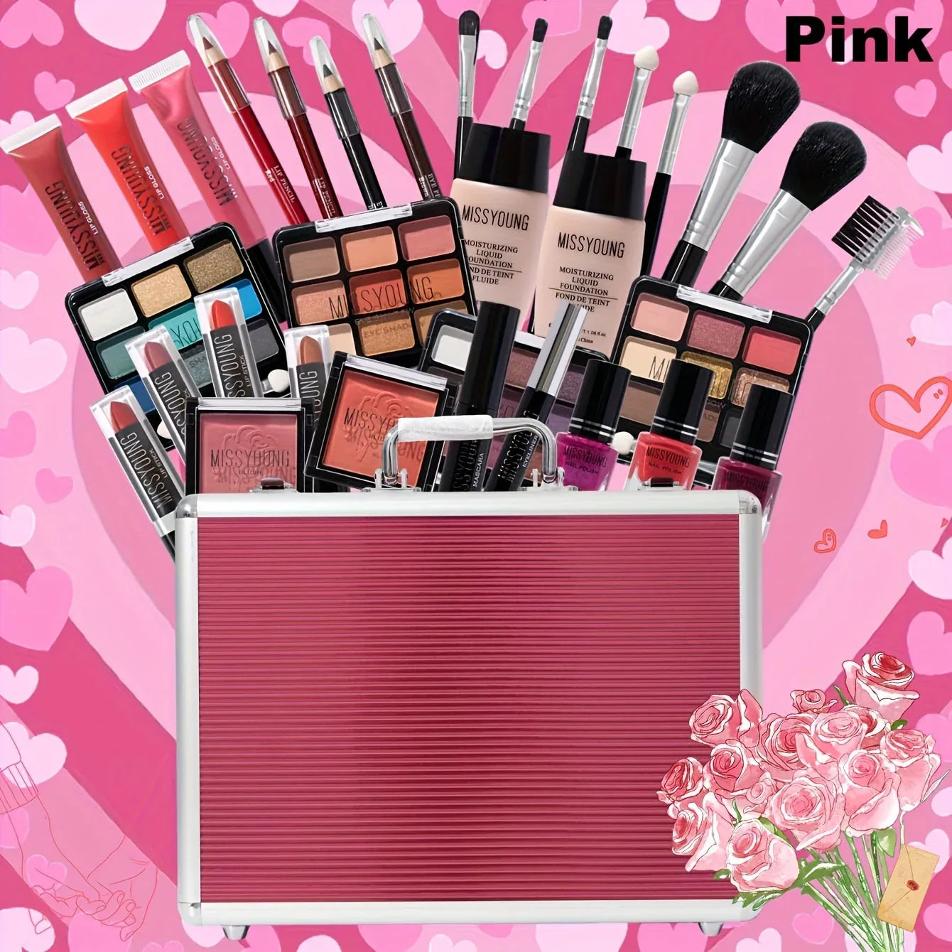 Professional Makeup Kit: 10-Piece Long-Lasting Beauty Set - Pink & Silvery Professional Makeup Kits Pink Tidesmit