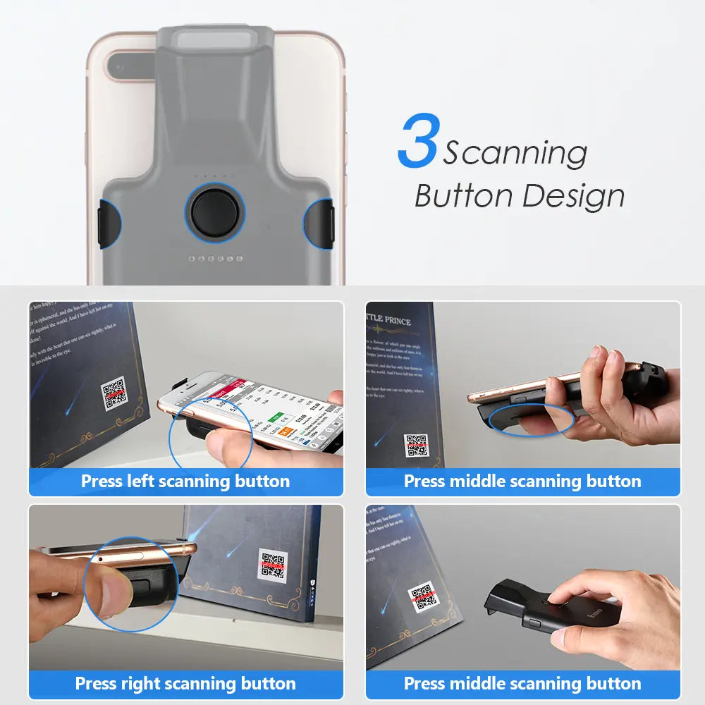Eyoyo 2D barcode scanner with three scanning buttons on the back clip