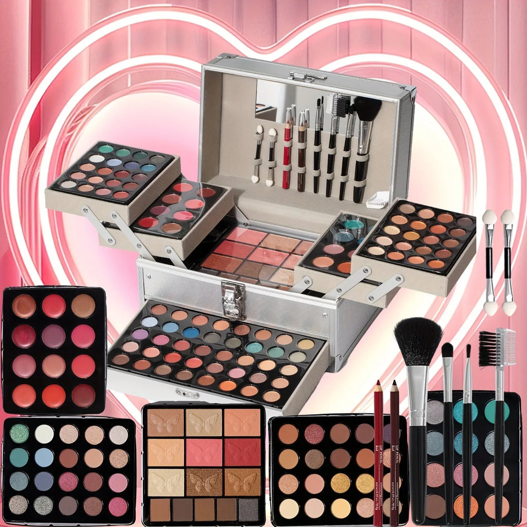 Professional Makeup Kit: 127-Piece Set in Silvery Travel Case Professional Makeup Kits Tidesmit