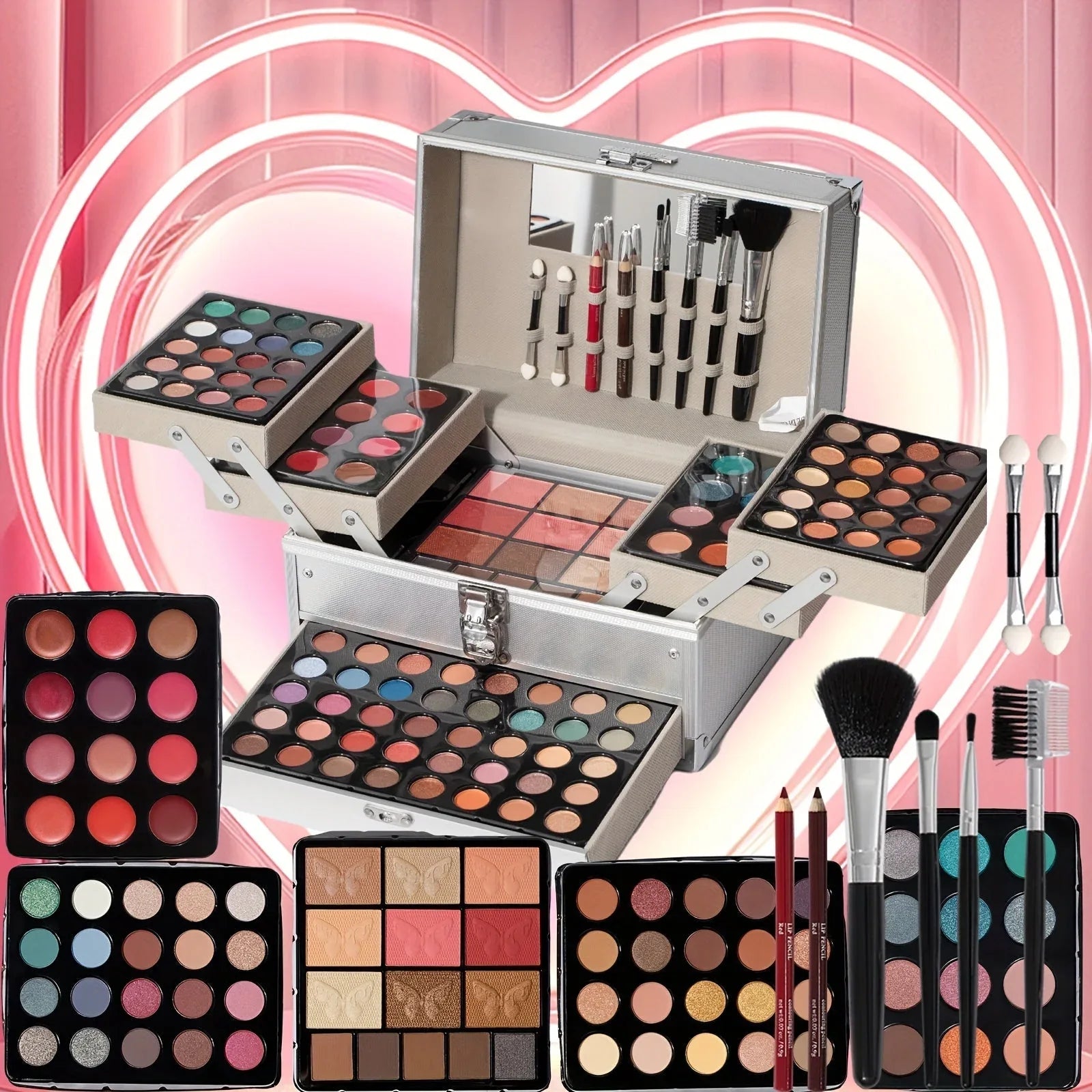 Professional Makeup Kit: 127-Piece Set in Silvery Travel Case Professional Makeup Kits Tidesmit