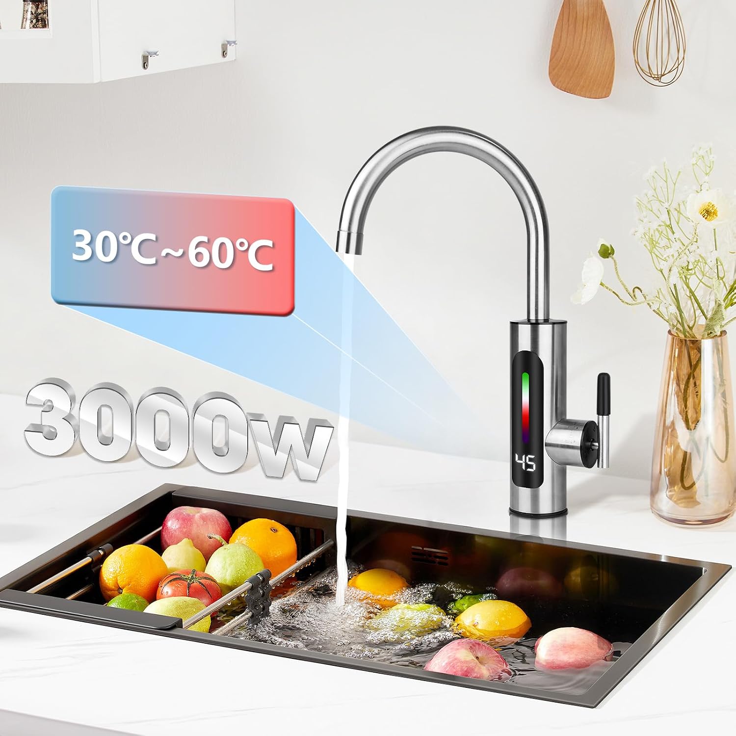 3000W Electric Instant Hot Water Tap Electric Kitchen Water Heater with 360° Rotating Heating Tap for Bathroom Kitchen