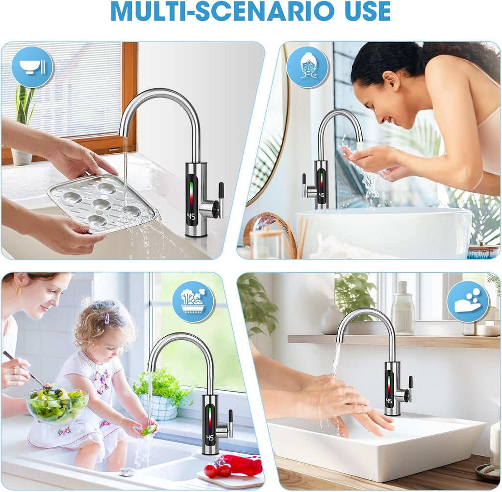 3000W Electric Instant Hot Water Tap Electric Kitchen Water Heater with 360° Rotating Heating Tap for Bathroom Kitchen