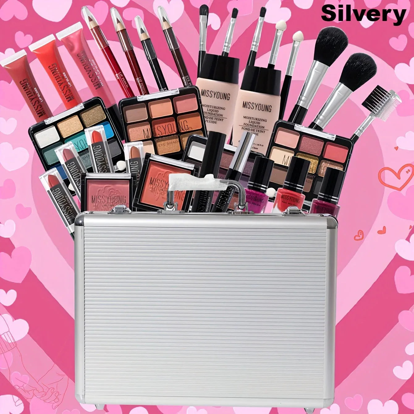 Professional Makeup Kit: 10-Piece Long-Lasting Beauty Set - Pink & Silvery Professional Makeup Kits Silvery Tidesmit