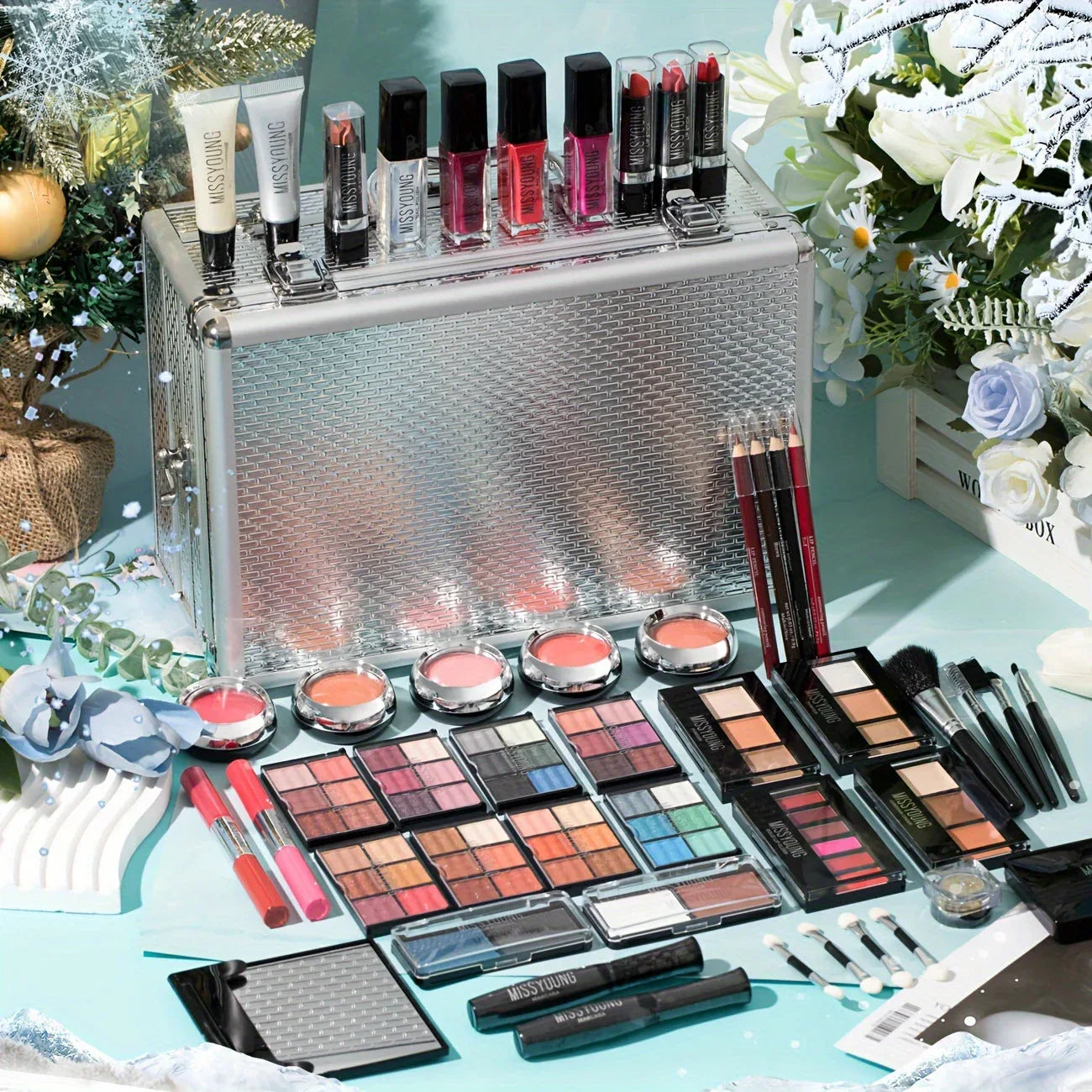 Professional Makeup Kit with Mirror - Portable Travel Set by Tidesmit Professional Makeup Kits Silvery Tidesmit