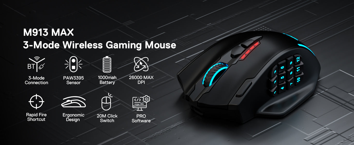 Redragon M913 MAX Wireless 26000 DPI MMO Optical Gaming Mouse with 16 Programmable Buttons