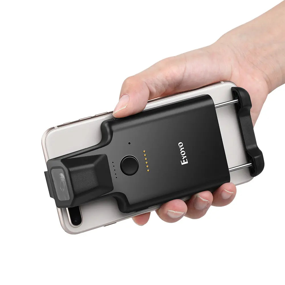 Eyoyo back-clip 2D barcode scanner attached to a smartphone in a hand