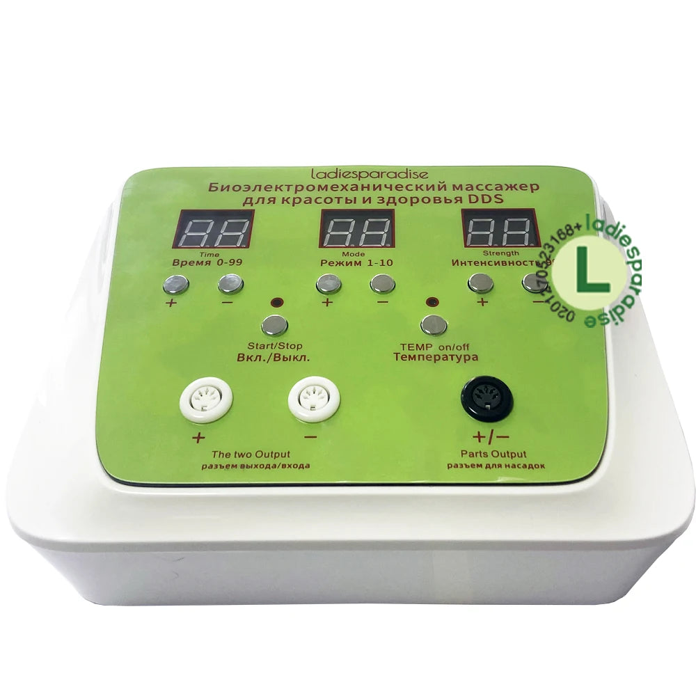 DDS bioelectric therapy massager device with digital display, pulse intensity controls, and meridian relief ports.