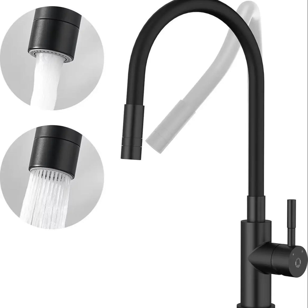 Black Kitchen Faucet with 2 Spray Types, Pull-Down Mixer, Hot and Cold Water, 360° Swivel