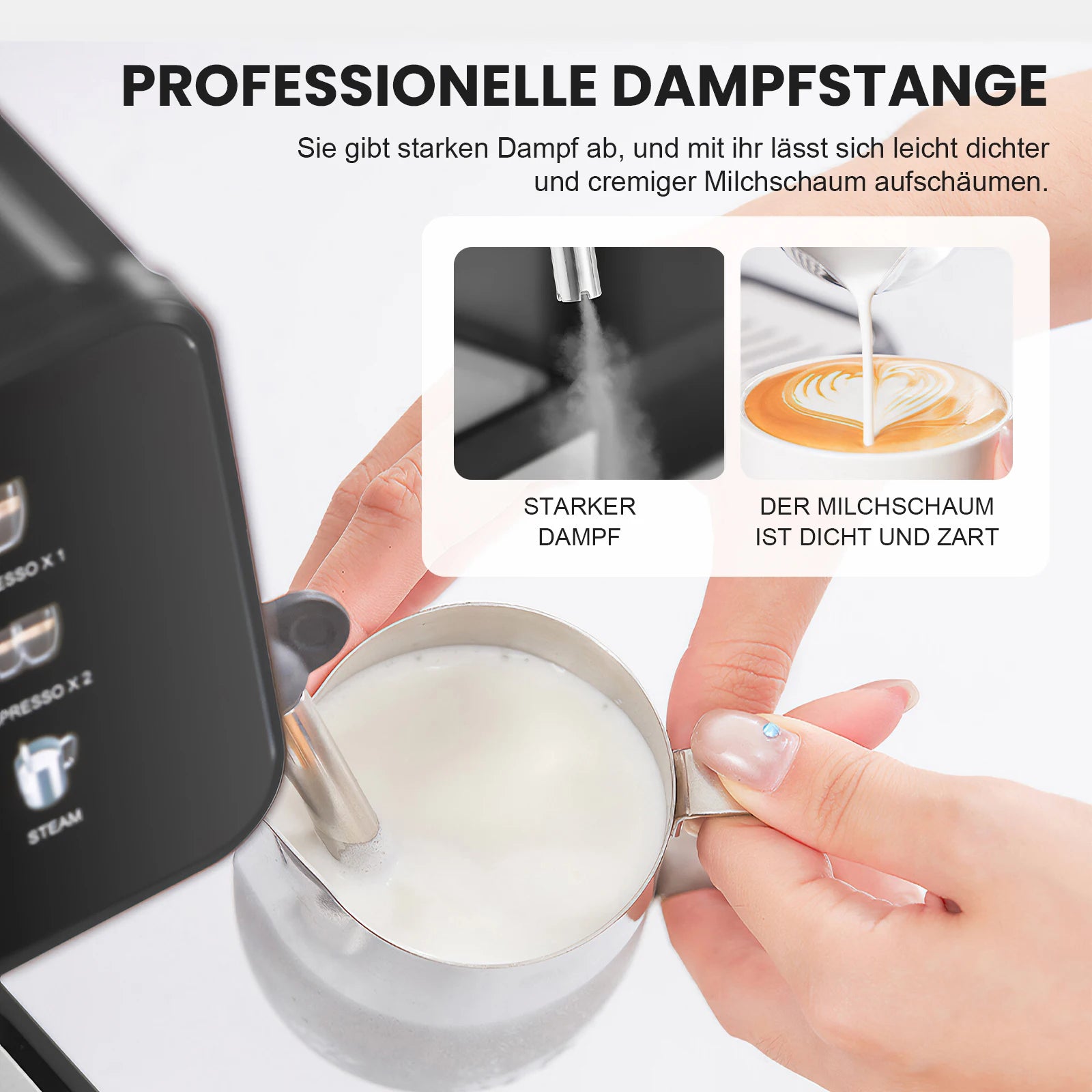 Black espresso machine with stainless steel steam wand frothing milk for lattes and cappuccino coffee.