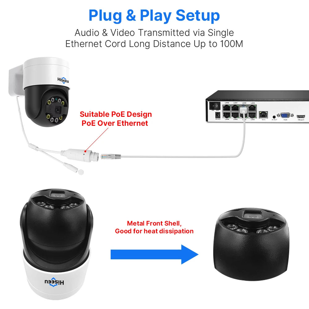 Hiseeu 8MP 4K POE PTZ IP Camera Color Night Vision Face Detection Audio Outdoor H.265 Onvif AI Street Home Security CCTV Camera