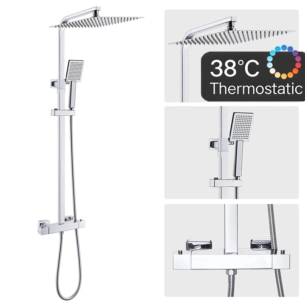 Auralum Thermostatic Shower Column, Stainless Steel with Brass Faucet, 12 inch Large Head Shower, 0.8-1.24 m, Shower System, Chrome, Square