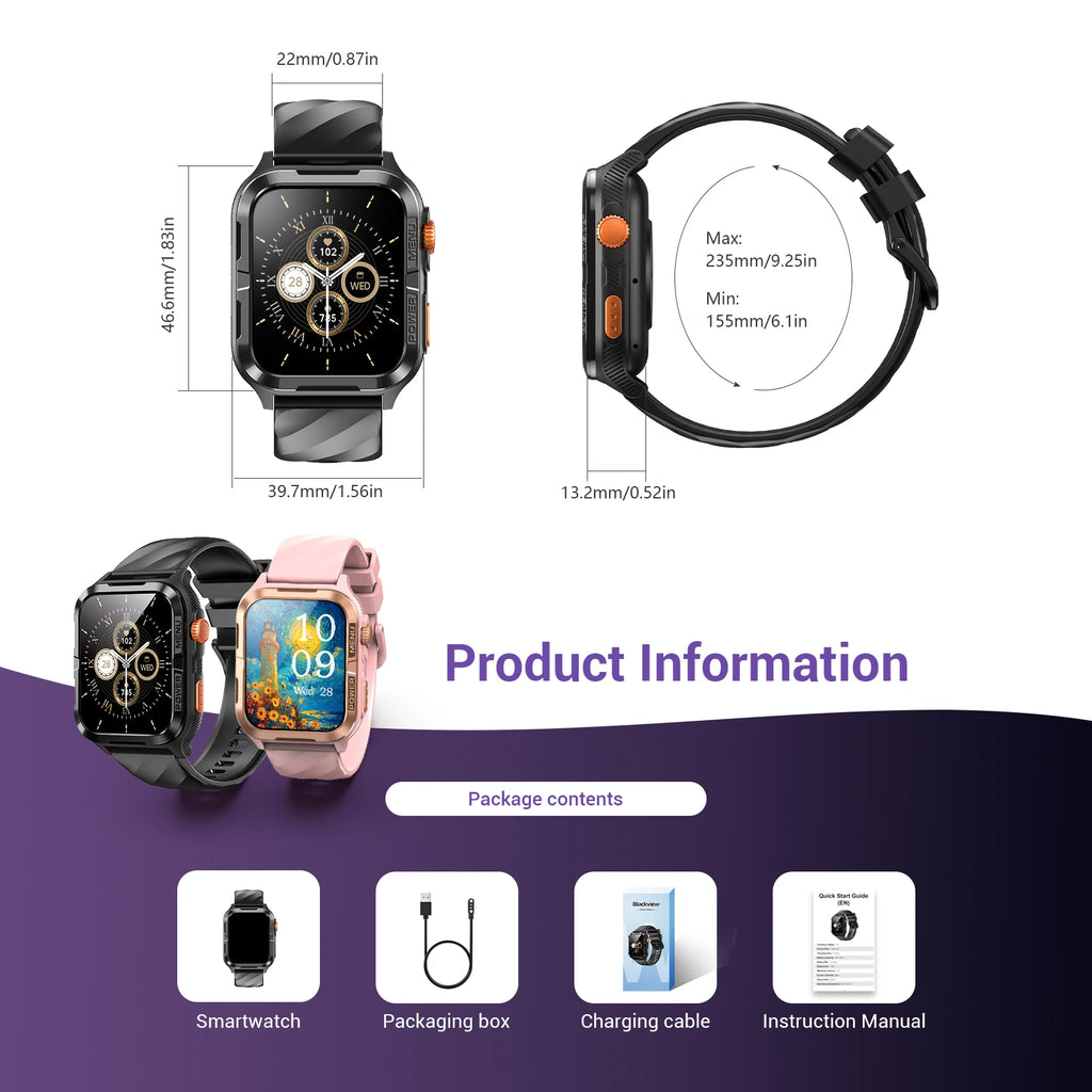Blackview 1.83'' Smartwatch Waterproof TFT Display Smart Watch with Message Call Sleep GPS LED Light for Men Women W10 Pro