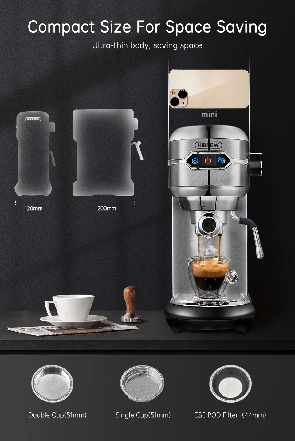 HiBREW compact silver espresso machine with 51mm portafilter, steam wand, and space-saving ultra-thin design.