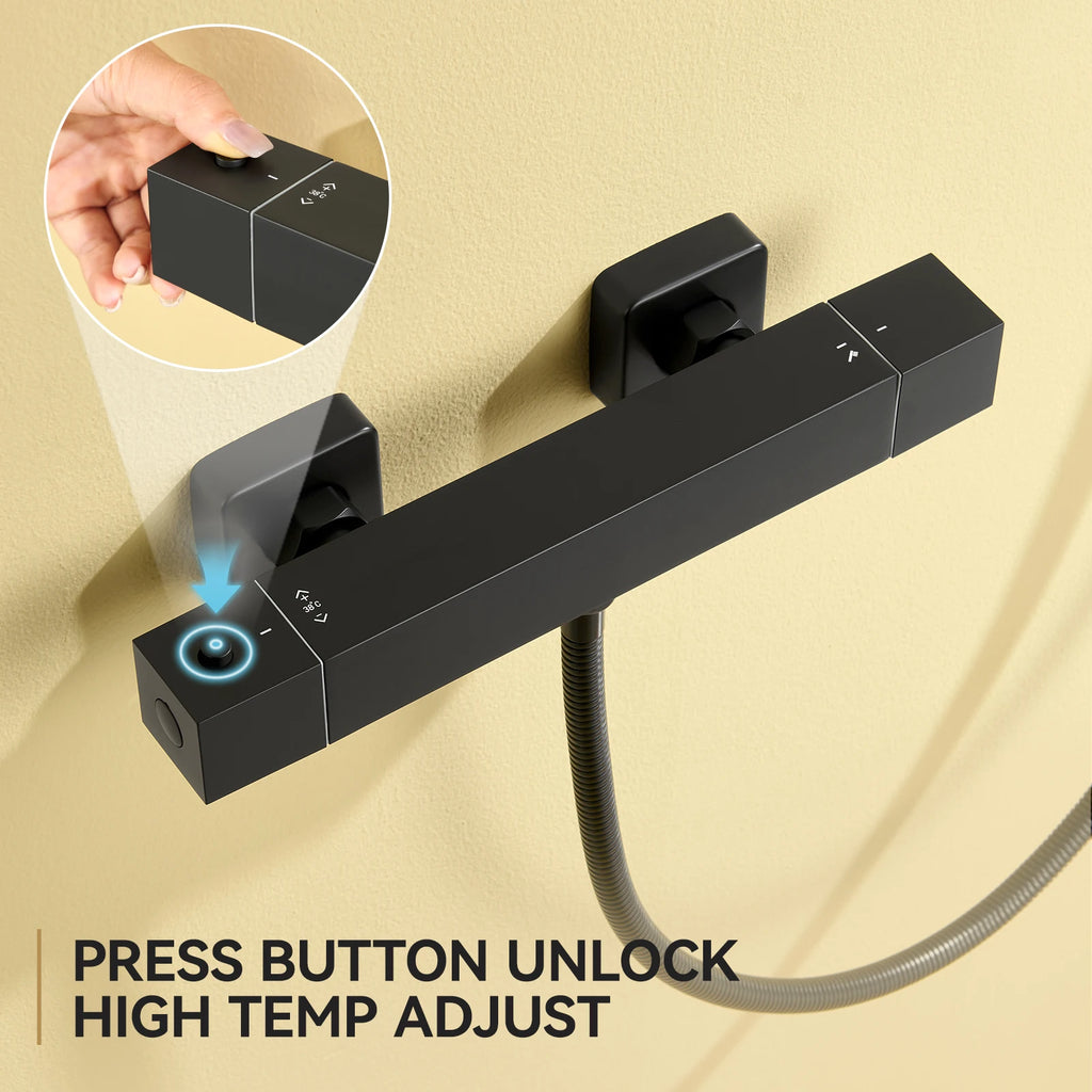 Thermostatic Shower Faucet, Square, Wall-mounted Mixer, Black Thermostatic Mixer, Automatic Thermostat Control, 38°C, G1/2