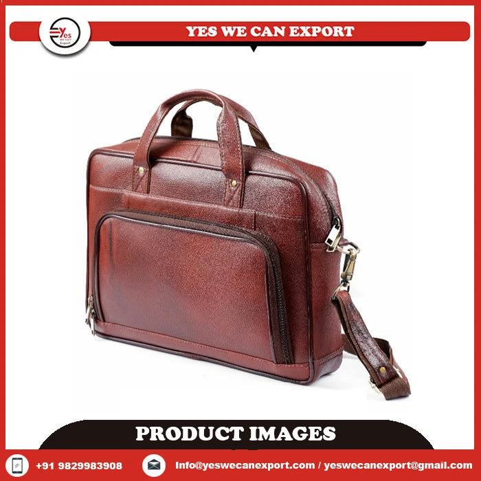 Vintage brown genuine leather 15.6-inch laptop briefcase with top handles, front pocket, and adjustable shoulder strap.