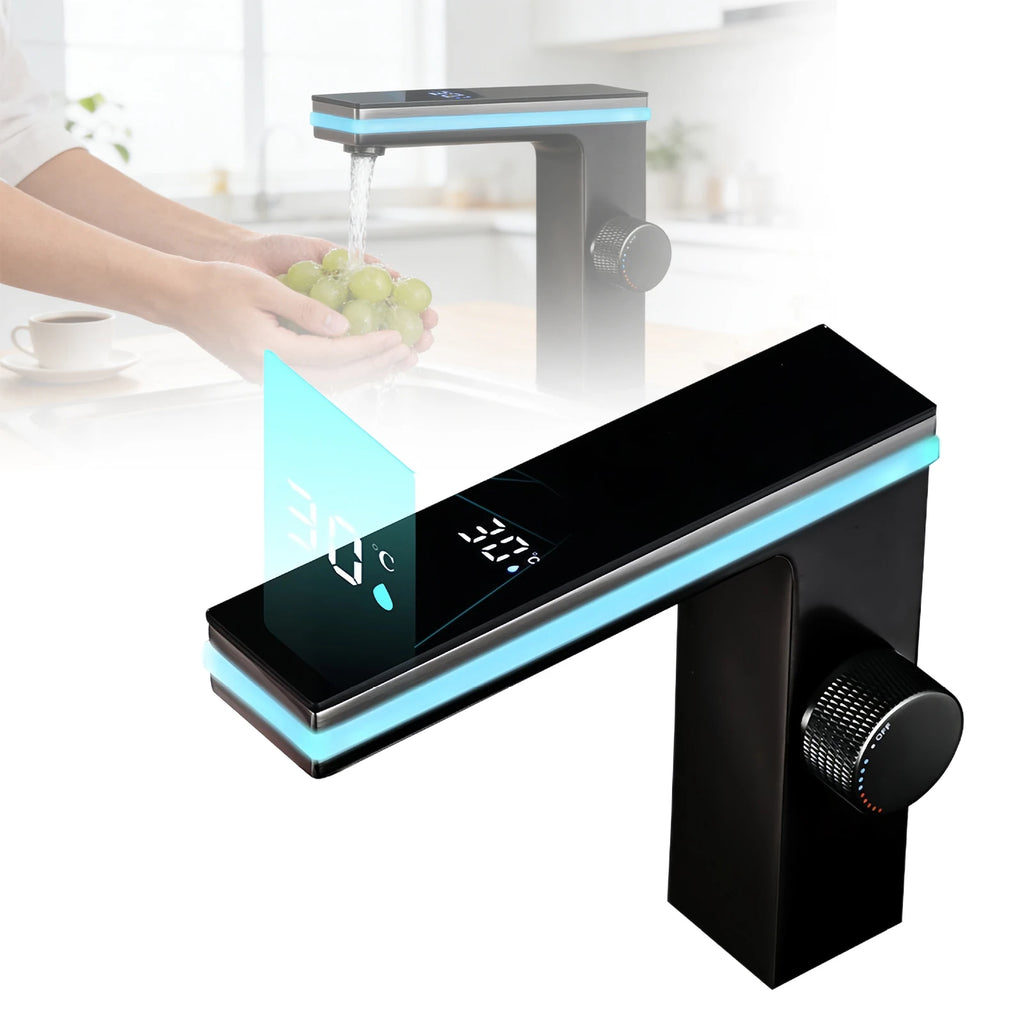 Digital Display Bathroom Basin Faucet Intelligent LED Temperature Display Deck Mounted Washbasin Crane Hot Cold Water Mixer Sink Vanity Tap ﻿