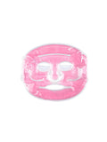 Pink, clear gel face mask for cooling or heating therapy with eye, nose, and mouth cutouts on a white background.