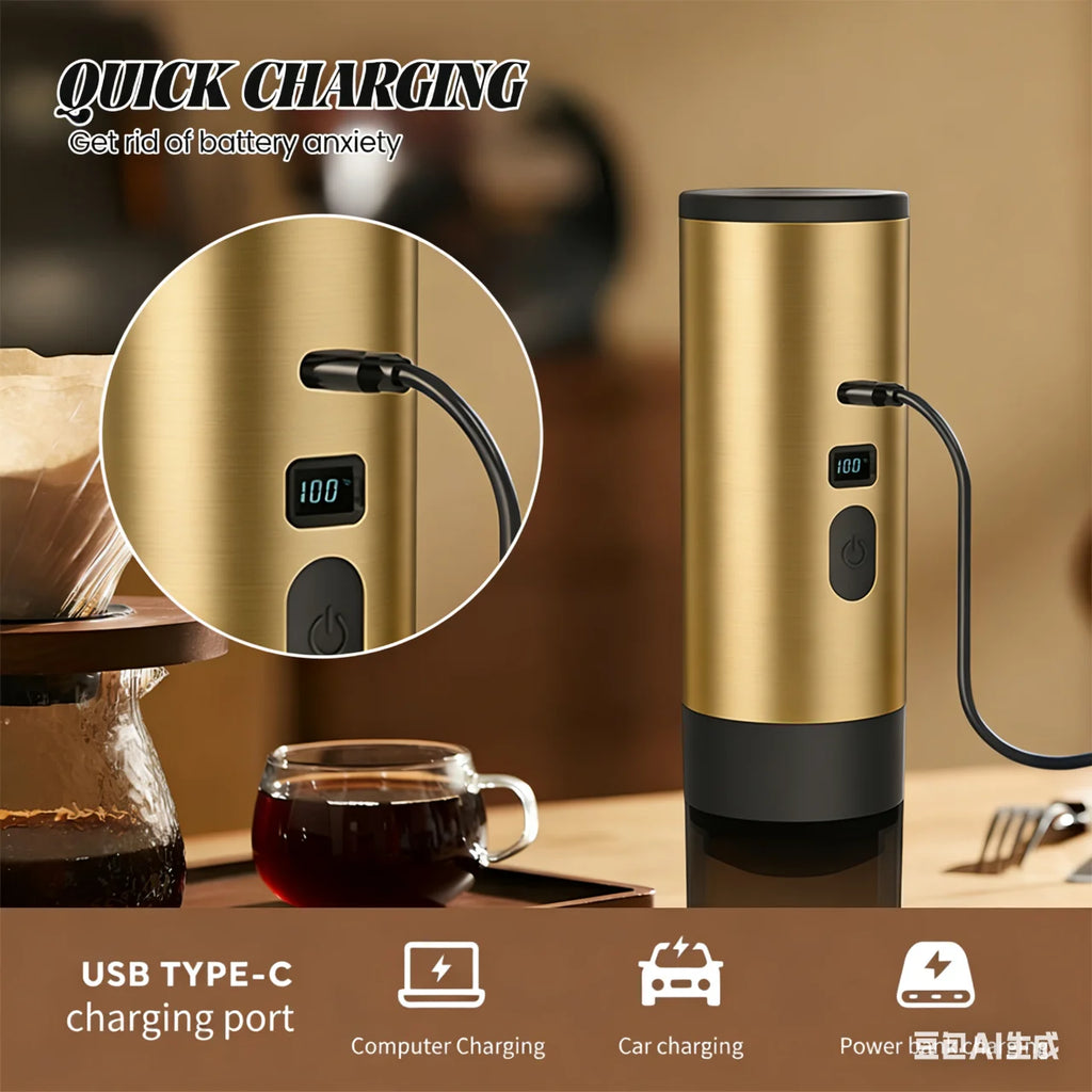 Portable gold USB-C rechargeable coffee maker with digital battery display and black accents.