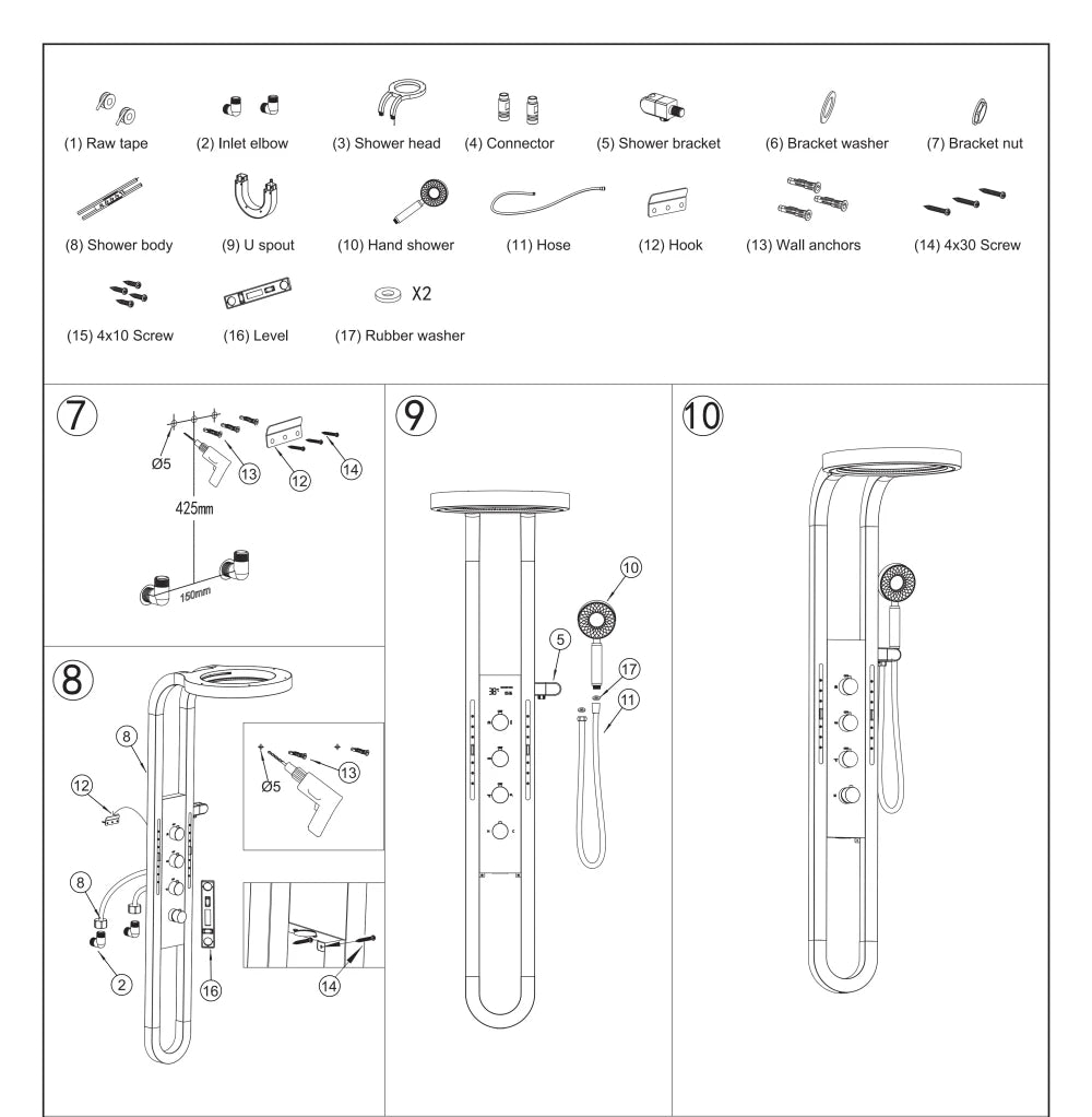 Wall Mounted Light Shower Faucet Panel LED Digital Display Shower Faucet Set Shower Screen Waterfall Bathroom Shower System Set