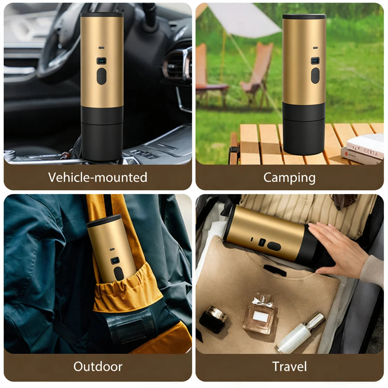 Portable gold and black electric coffee maker for travel, camping, and vehicle use with digital temperature display.