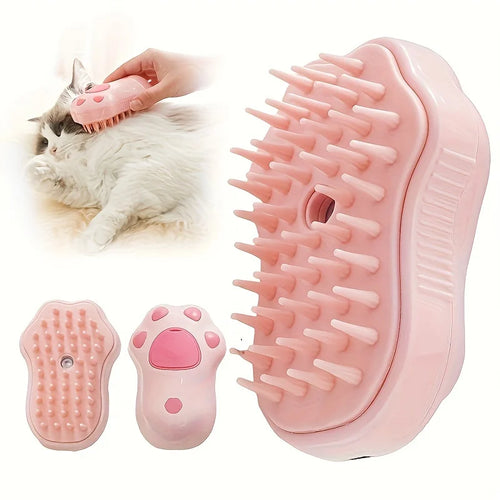 Pink 3-in-1 pet grooming steam brush with massage nubs and removable brush heads