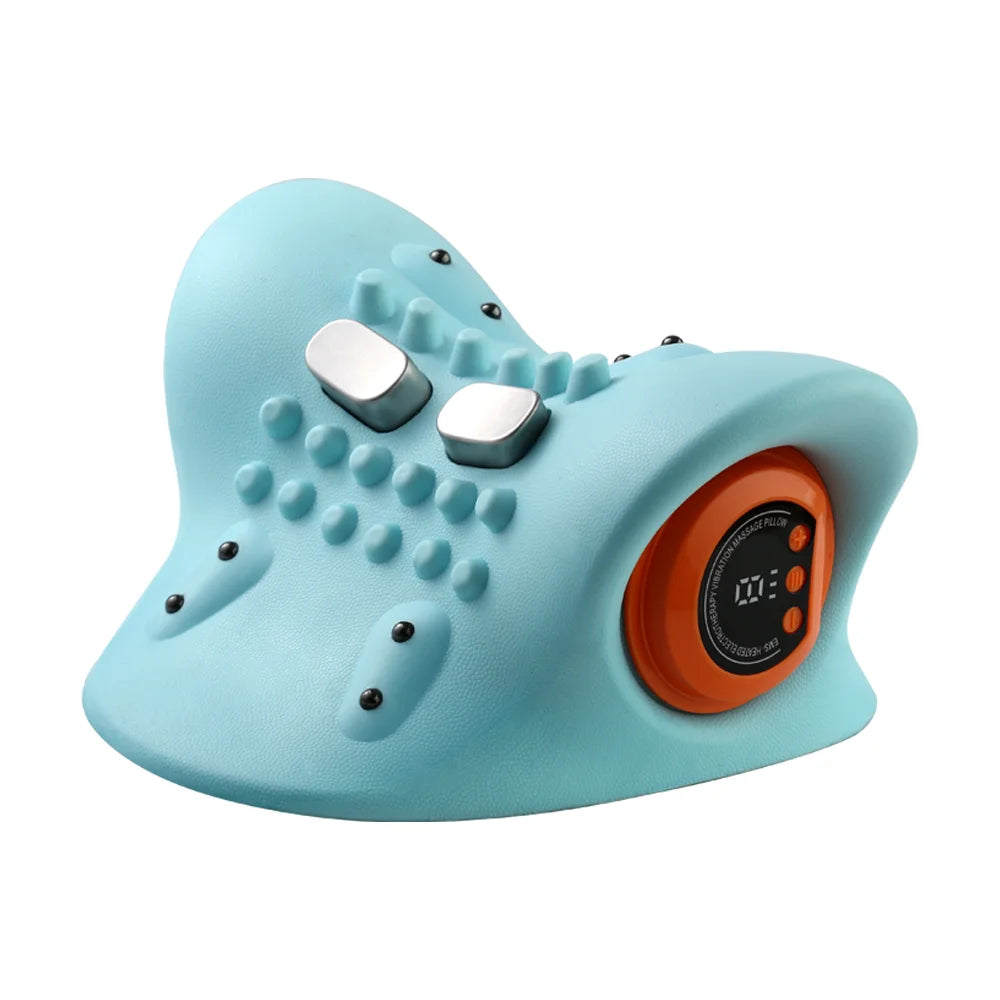 Light blue ergonomic neck stretcher with massage nodes, two silver electrodes, and an orange digital control panel.