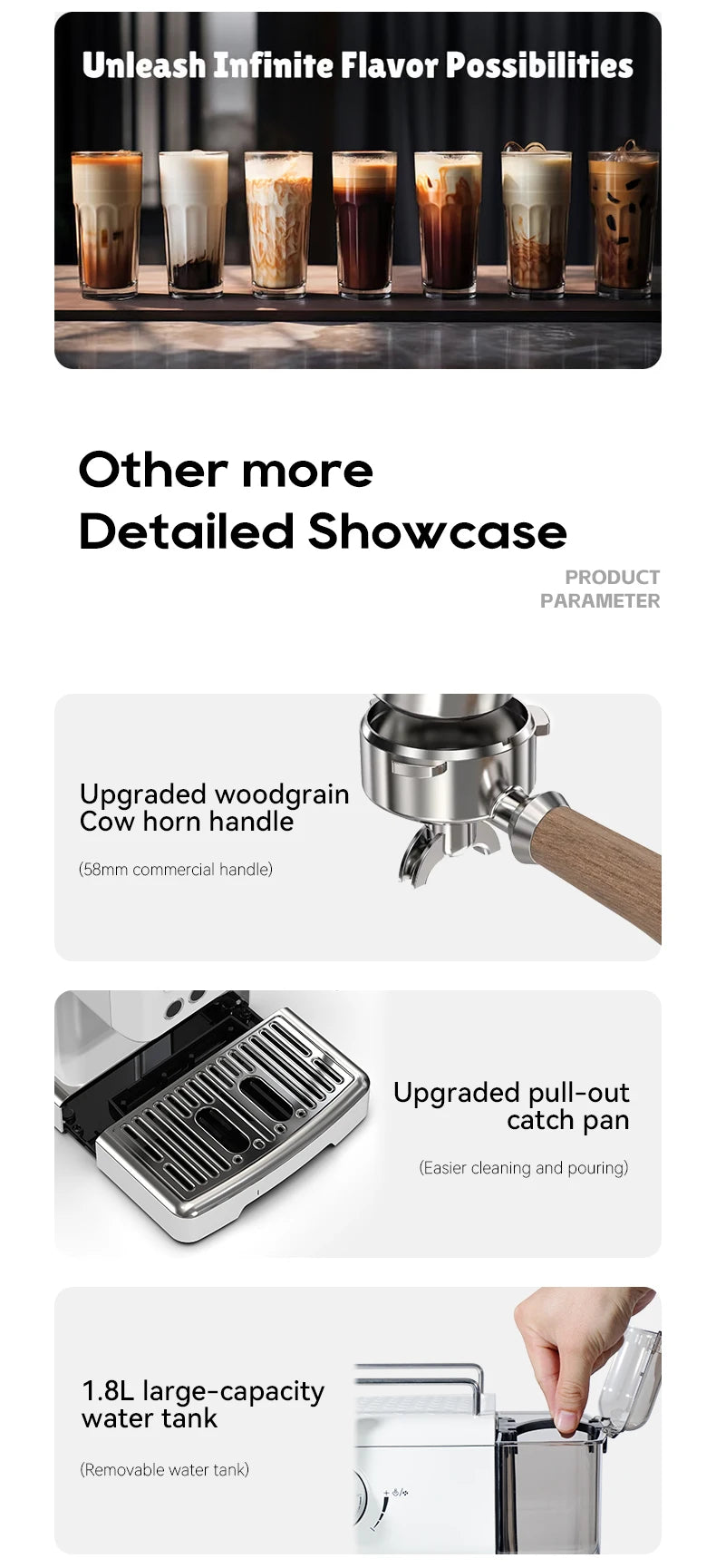 Espresso machine features: 58mm woodgrain portafilter, pull-out drip tray, and 1.8L removable water tank.