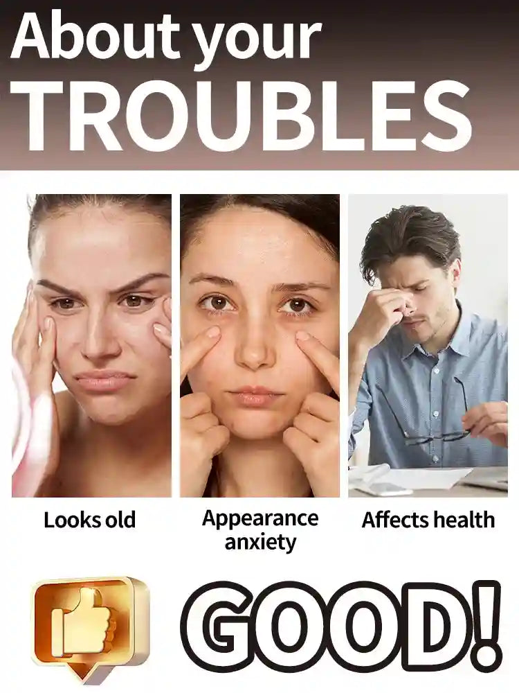 Three people showing eye area concerns, labeled as looking old, causing anxiety, and affecting health, with a like icon.