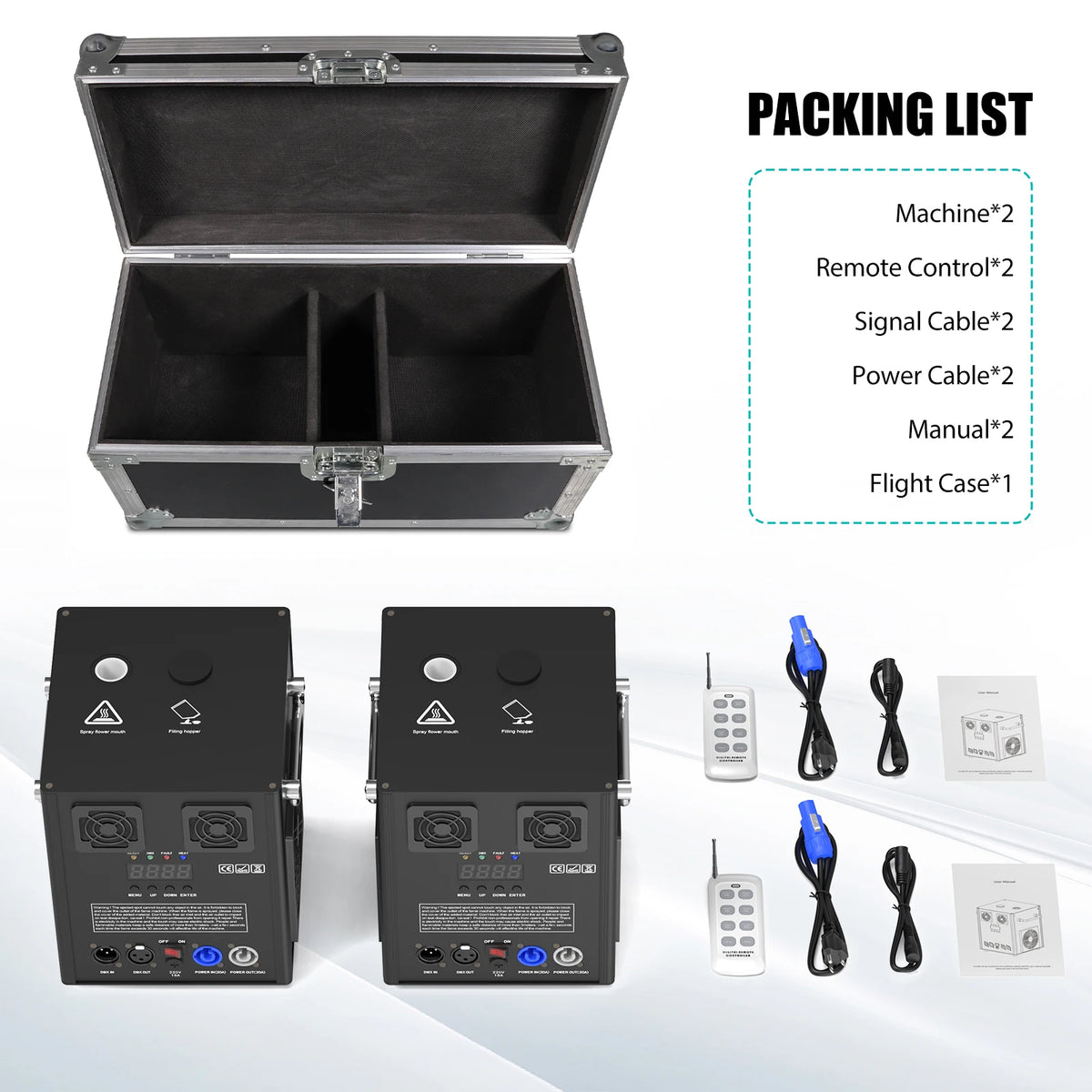 Cold sparks machine flight case with two black units and remote control accessories