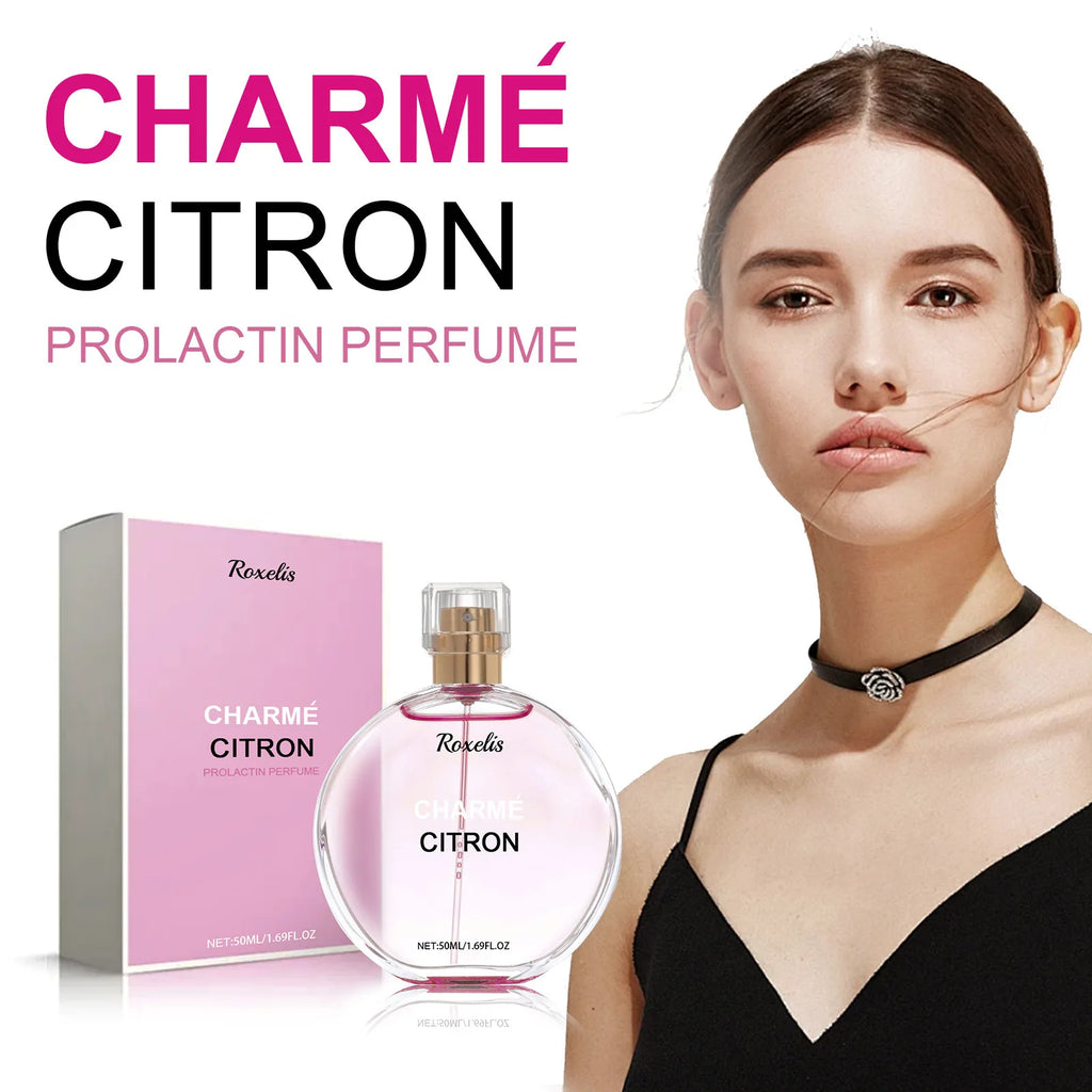 Roxelis Charme Citron 50ml floral pheromone perfume for women in a round glass bottle for long-lasting fresh scent.