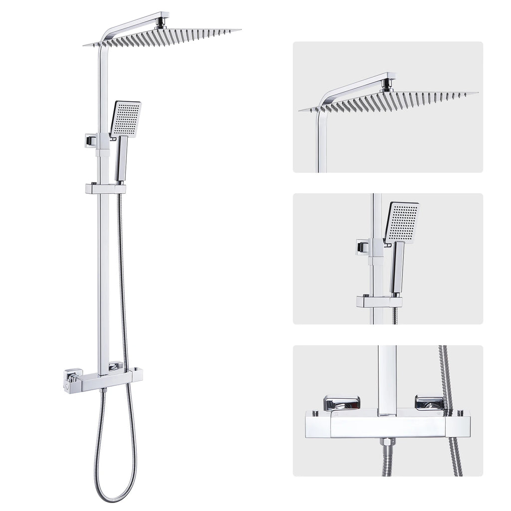 Auralum Thermostatic Shower Column, Stainless Steel with Brass Faucet, 12 inch Large Head Shower, 0.8-1.24 m, Shower System, Chrome, Square