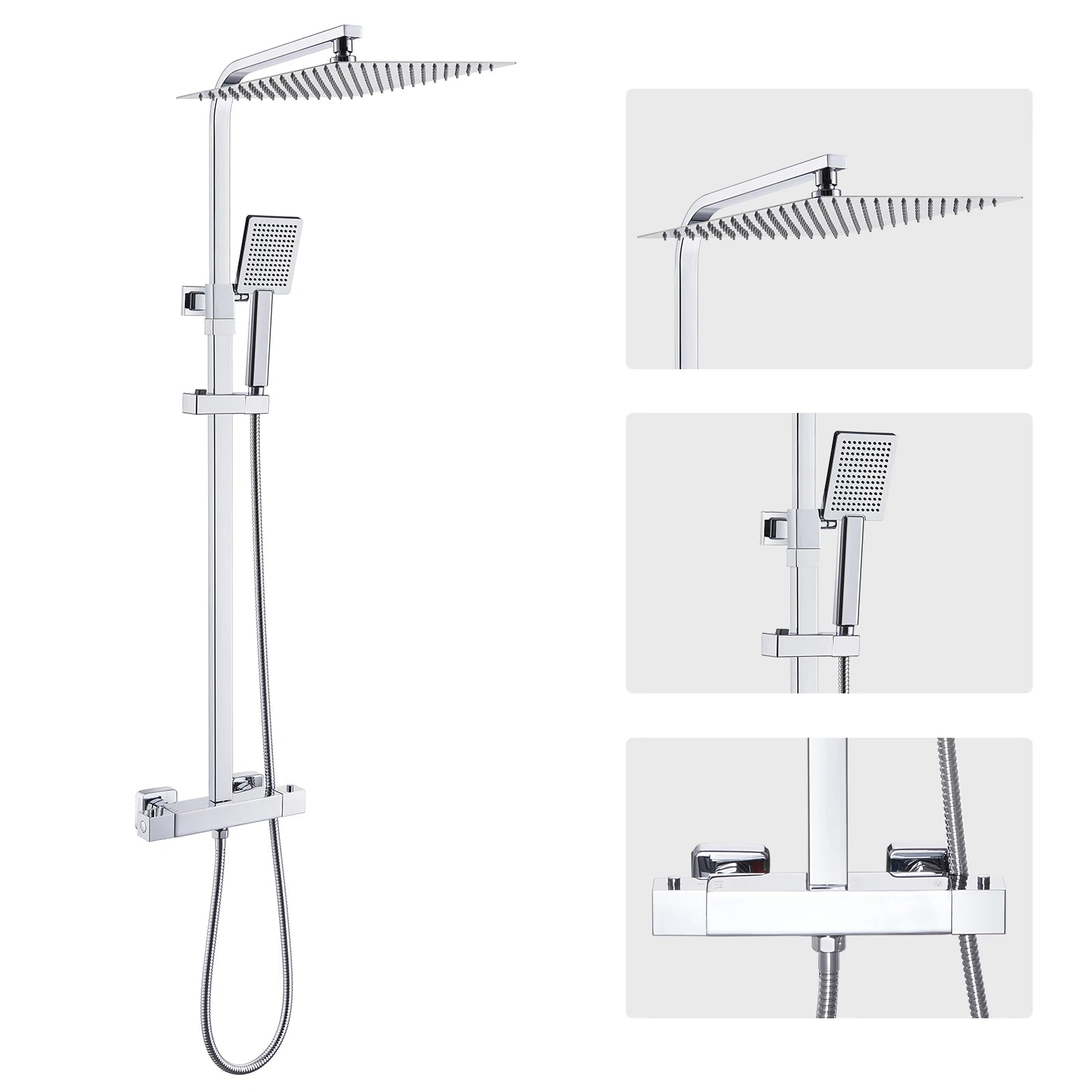 Auralum Thermostatic Shower Column, Stainless Steel with Brass Faucet, 12 inch Large Head Shower, 0.8-1.24 m, Shower System, Chrome, Square