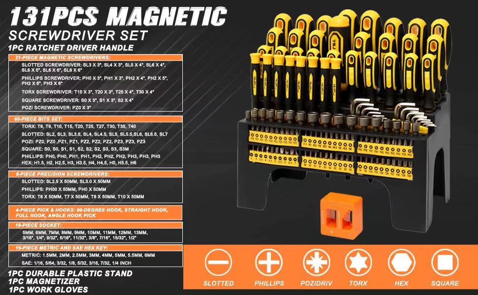 131PCs Magnetic Screwdriver Set with Plastic Ranking Includes Precision Screwdriver and Pick Hook Ratchet Driver DIY Tools