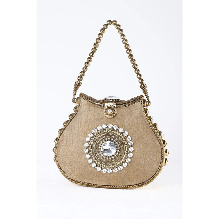 Gold designer clutch handbag with beaded handle, kiss lock closure, and central crystal embellishment.