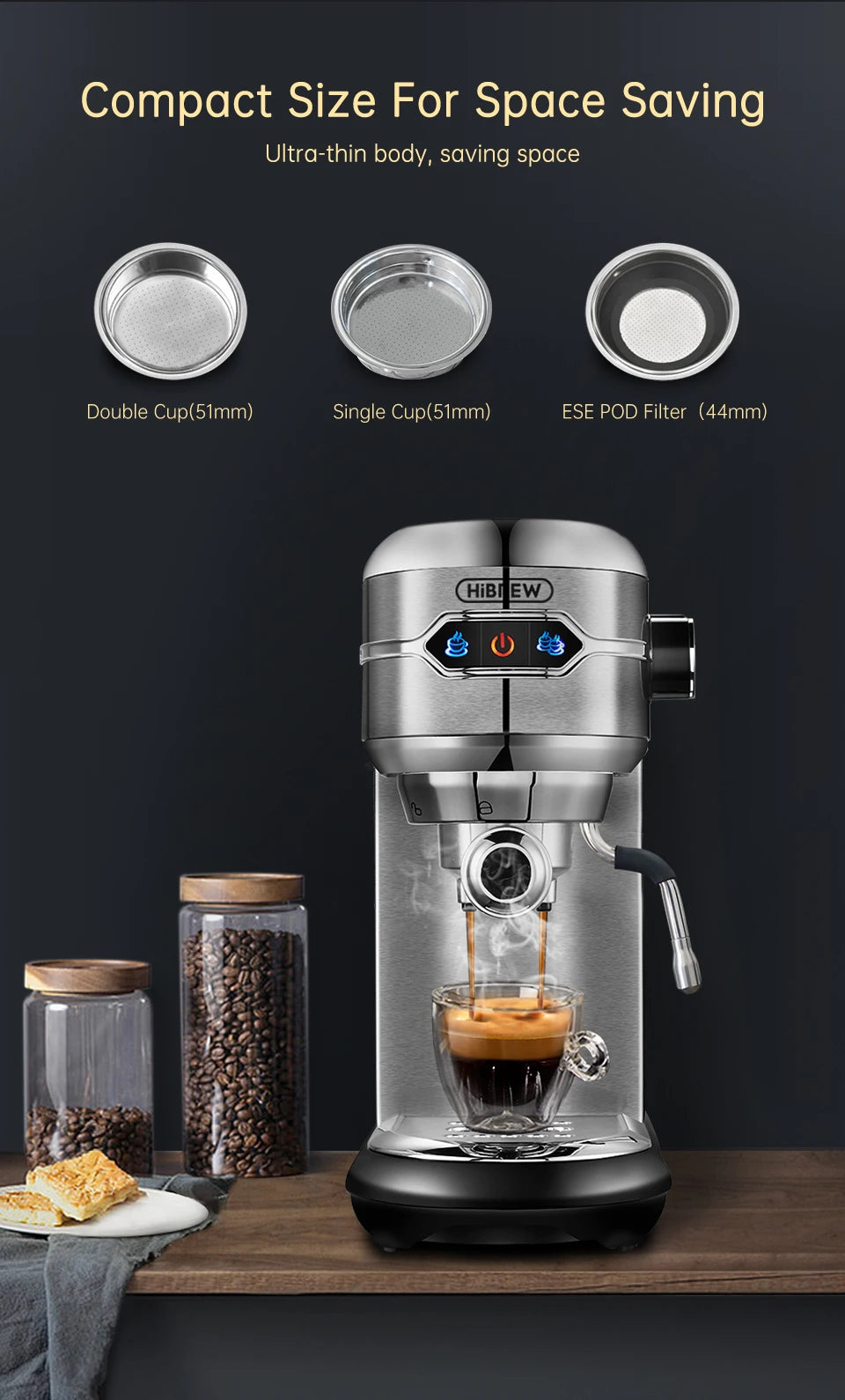 HiBREW stainless steel compact espresso machine with single, double, and ESE pod filters for home brewing.
