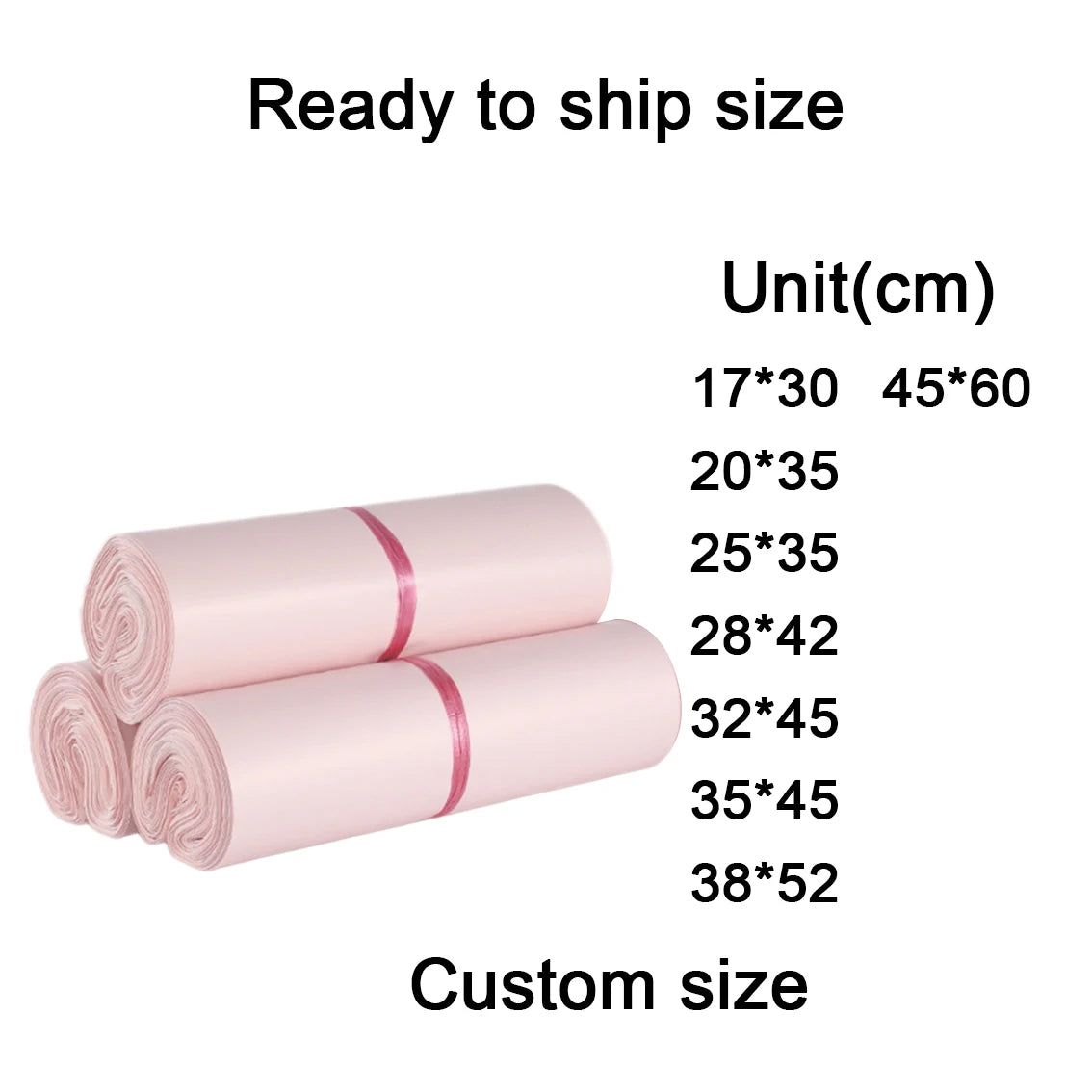 Light pink poly mailer rolls with size chart above