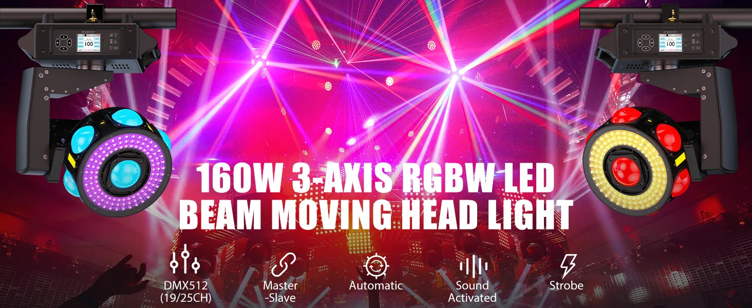 Fieryzeal 160W RGBW Beam Moving Head Light 3-Axis LED Stage Light 360 Rotation DMX Strobe Effect for DJ Disco Wedding Party