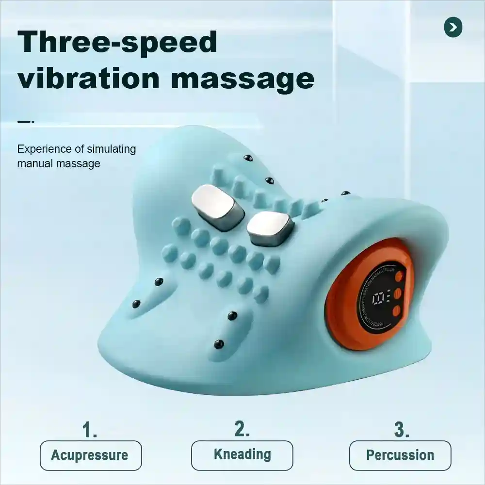Blue electric cervical neck stretcher with metallic massage nodes, raised acupressure points, and orange digital dial.