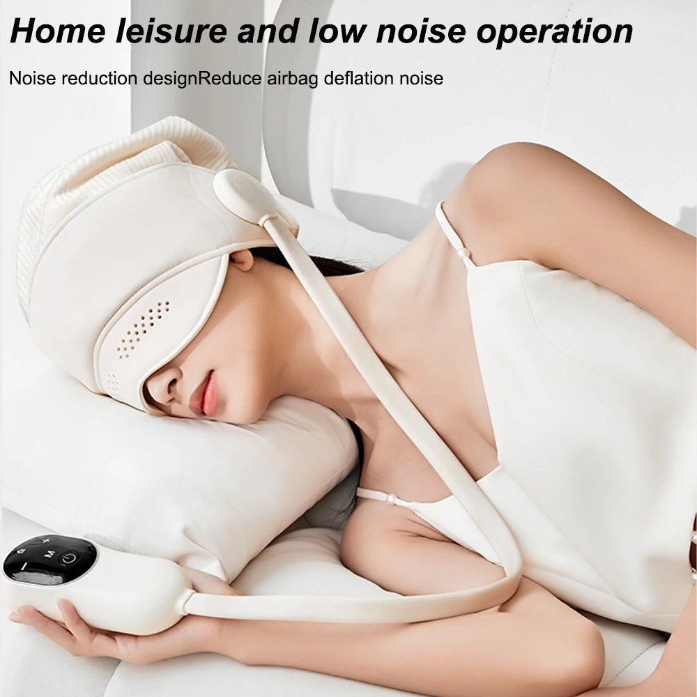 Woman wearing a beige electric head and eye massager with airbag wrapping, hot compress, and handheld controller.