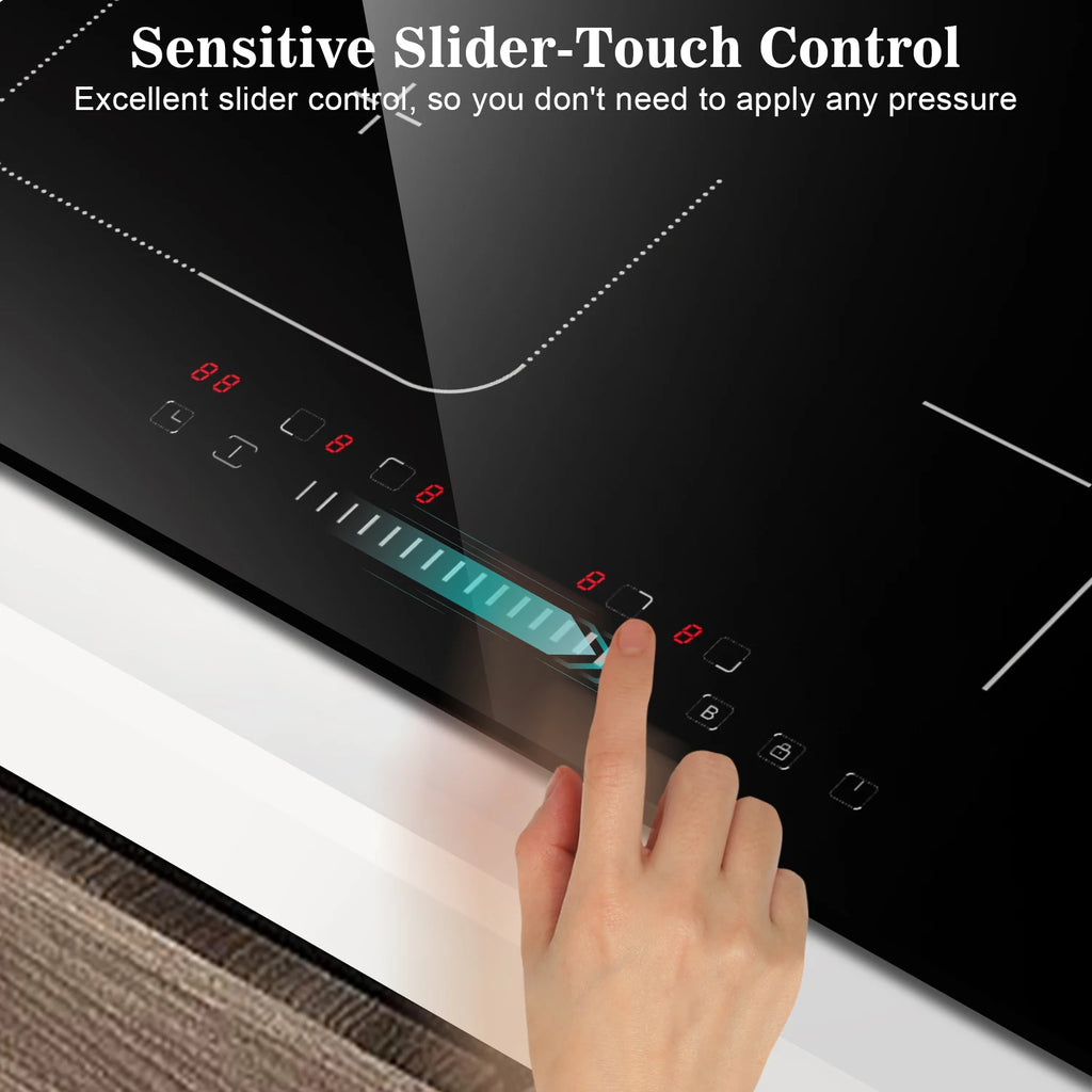 Black induction cooktop showing slider-touch control and illuminated power level bar