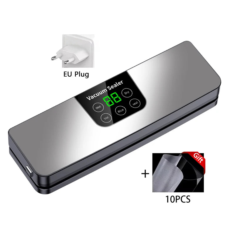EU plug vacuum sealer with stainless body, black panel, and 10pcs accessory set