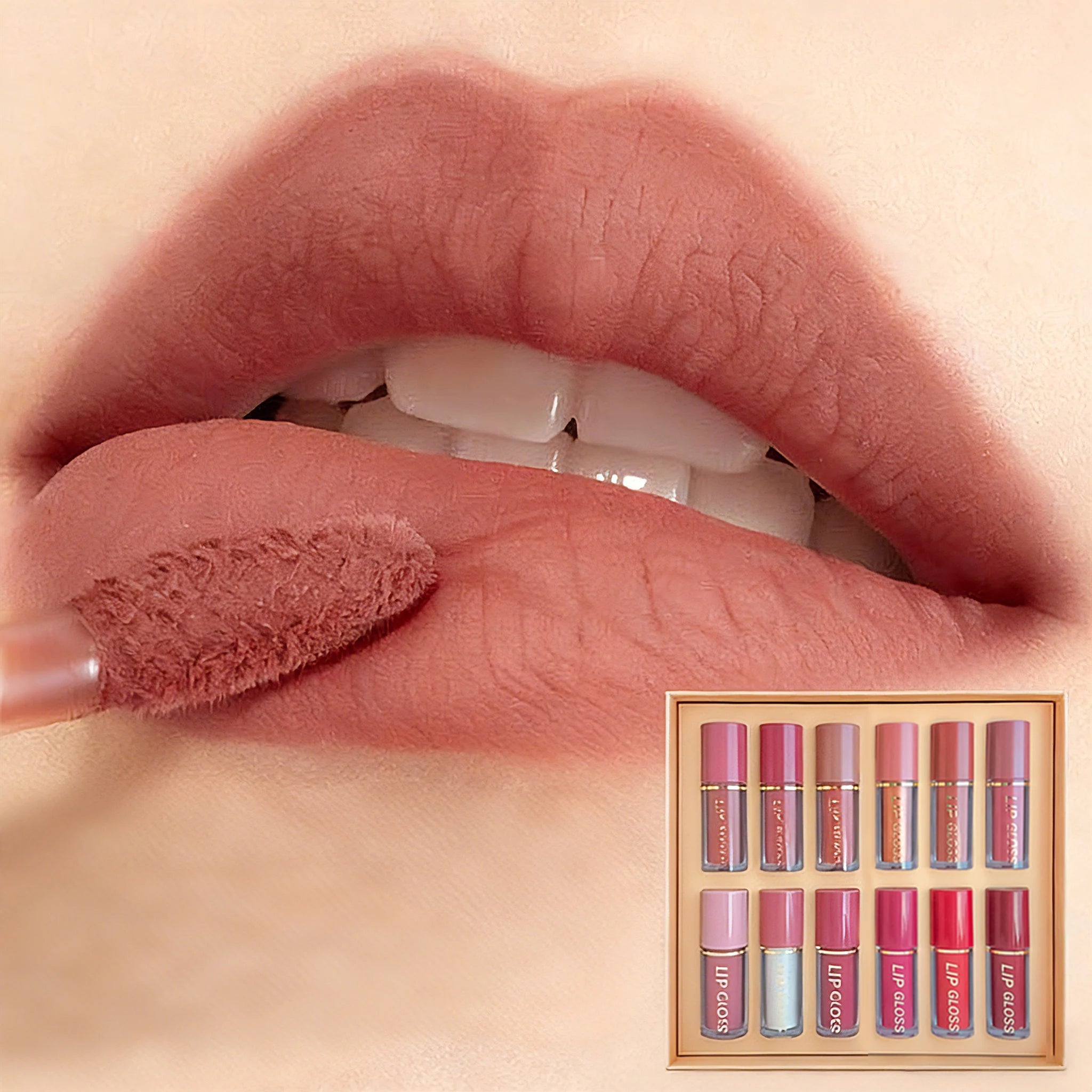 12-piece nude lipstick set featuring matte, glossy, metallic, and pearly long-lasting lip makeup in a gift box.