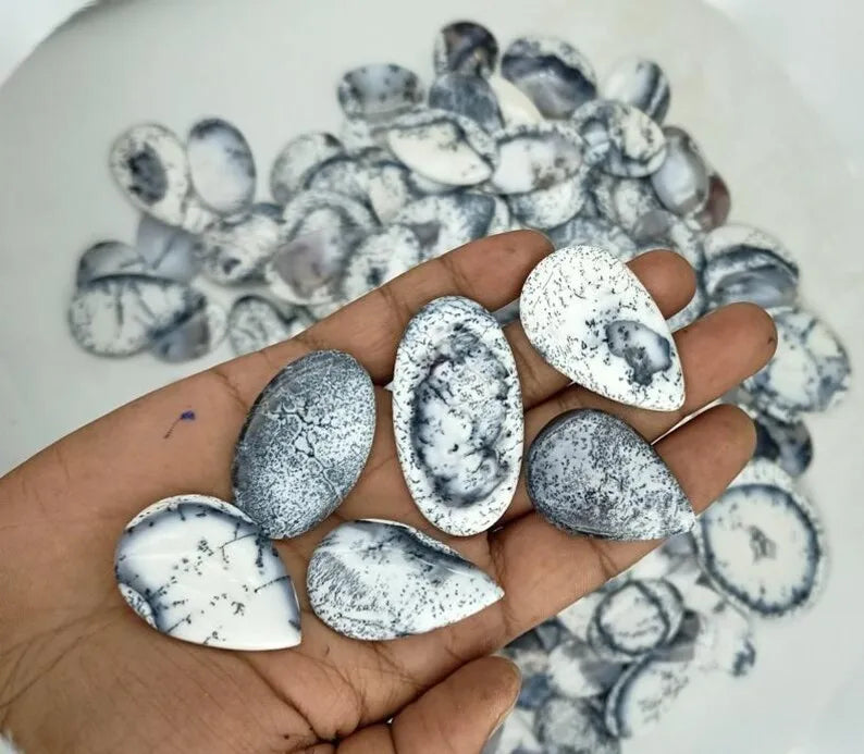 Hand holding oval dendrite opal cabochon stones with speckled white-and-black surface